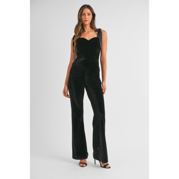 Black Satin Tie Shoulder Velvet Holiday Flare Party Cocktail Jumpsuit - Picture 2 of 6